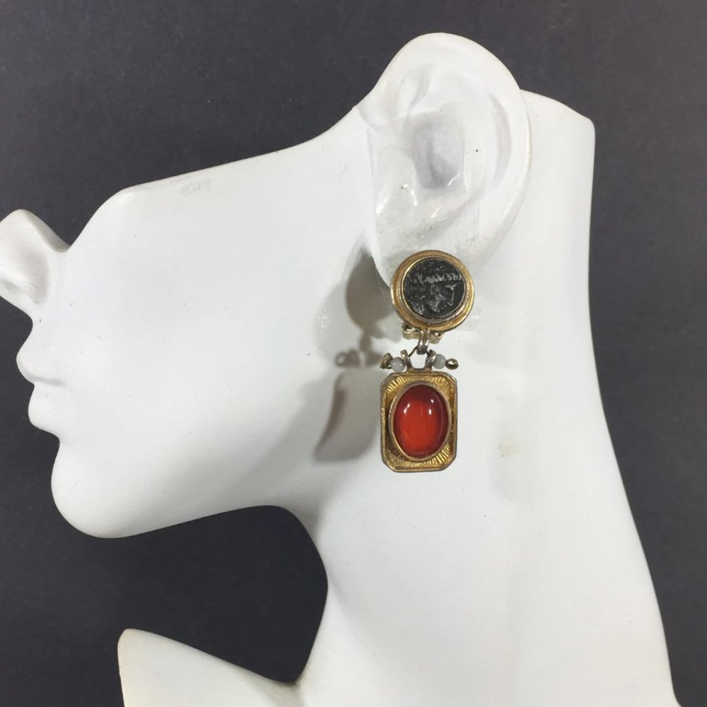 Roman Coin Vintage Art Deco Clip On Statement Earrings